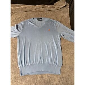 Polo Ralph Lauren Mens‎ V-Neck Sweater Light Blue 100% Pima Cotton Orange Pony L